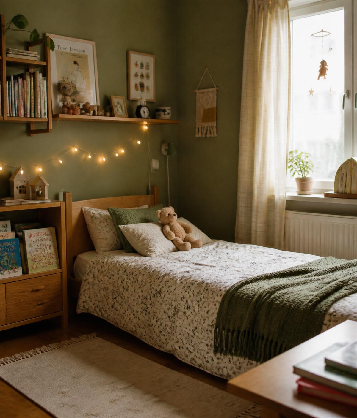 A cosy bedroom with fairy lights, books and a teddy bear