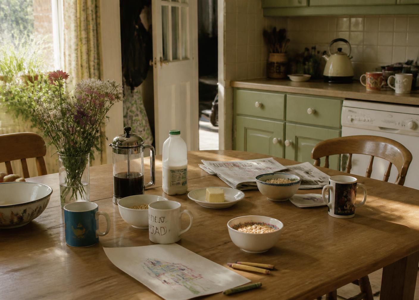 A family kitchen table laid for breakfast with children's drawings and crayons